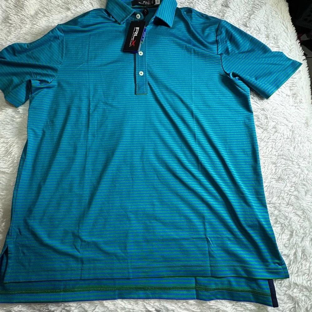 POLO RALPH LAUREN RLX Golf Green/blue Striped Short Sleeve Wicking Polo Shirt L